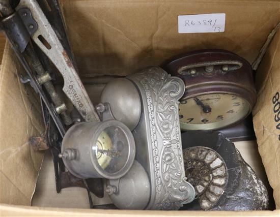 A Victorian alarm clock, group of fossils, etc.